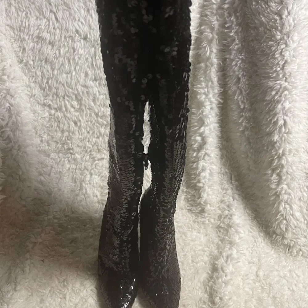 Yoki thigh high Black Sequins heels Boots side zipper SZ8